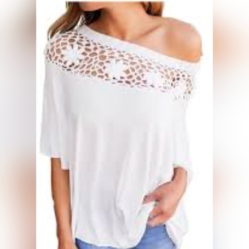 Jodifl White Crocheted Mesh Kimono Sleeve Oversized Top